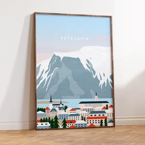 Reykjavik Poster | Iceland Wall Art | Scandinavian Travel Print | Minimal Landscape | Nordic Decor | Mountain City Illustration