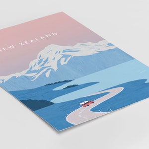 May include: A digital illustration of a red camper van driving on a winding road through a mountain landscape. The mountains are snow-capped and the sky is a soft pink and blue. The text "NEW ZEALAND" is at the top of the image.