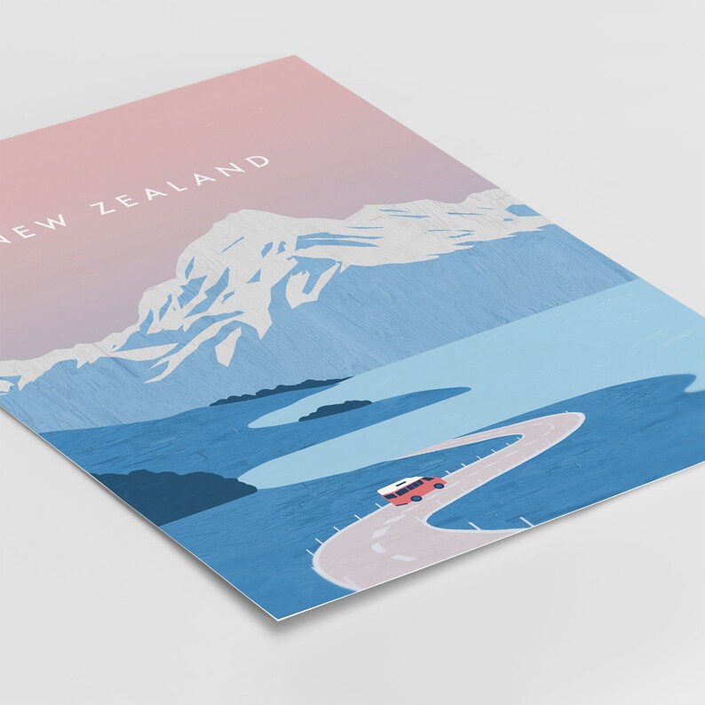 May include: A digital illustration of a red camper van driving on a winding road through a mountain landscape. The mountains are snow-capped and the sky is a soft pink and blue. The text "NEW ZEALAND" is at the top of the image.