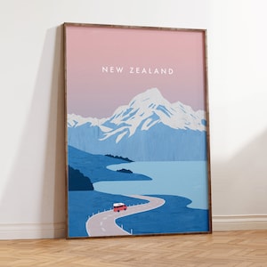Neuseeland Bild, Neuseeland Poster, NZ Reise Geschenk mit Campingbus im minimalistischen Design