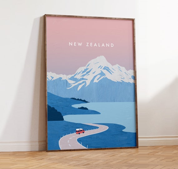 Neuseeland Bild, Neuseeland Poster, NZ Reise Geschenk mit Campingbus im minimalistischen Design