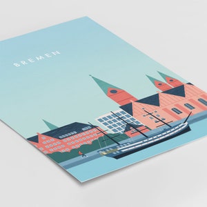 May include: A colorful illustration of the Bremen skyline featuring a ship, buildings, and the word "BREMEN" in white text.