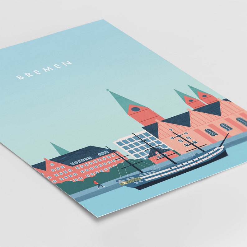 May include: A colorful illustration of the Bremen skyline featuring a ship, buildings, and the word "BREMEN" in white text.