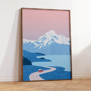 Nieuw-Zeelandse poster, Nieuw-Zeelandse foto, NZ-reisposter met camper in minimalistisch design