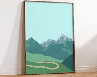 Cycling poster, bicycle gift, mountainous landscape decoration in a minimalist design