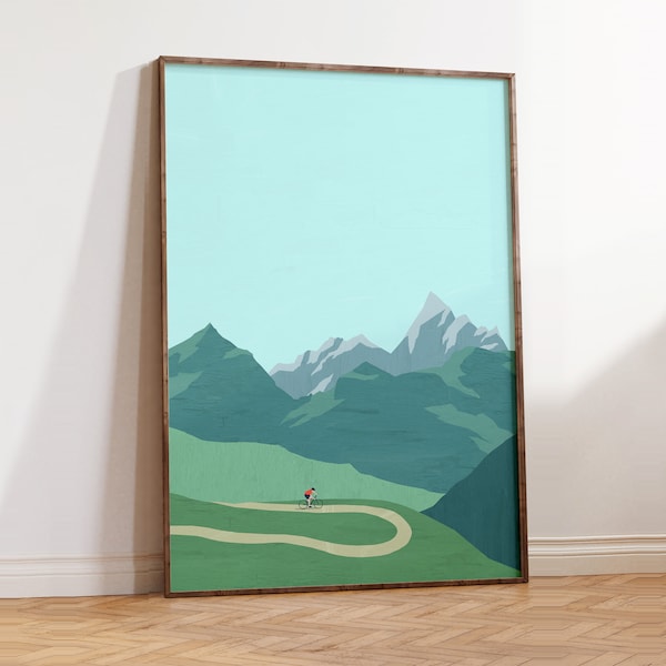 Radsport Poster, Fahrrad Geschenk, bergige Landschaft Deko im minimalistischen Design