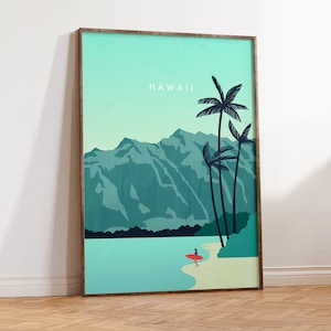 Cartaz do Havaí, cartaz de surf, foto de praia, cartaz de palmeiras, cartaz de viagens, design minimalista