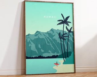 Hawaii Poster, Surf Poster, beach print, retro travel poster print, minimalist design