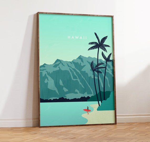 Hawaii Poster, Surf Poster, Strand Bild, Poster Palmen, Reise Poster,  minimalistisches Design