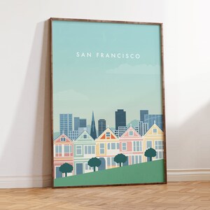 San Francisco Skyline Poster – Minimalist Wall Art with Painted Ladies – Modern City Illustration