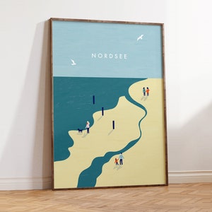 Cartel del Mar del Norte - Mural minimalista, arte costero, ilustración de playa, estilo escandinavo, decoración marítima