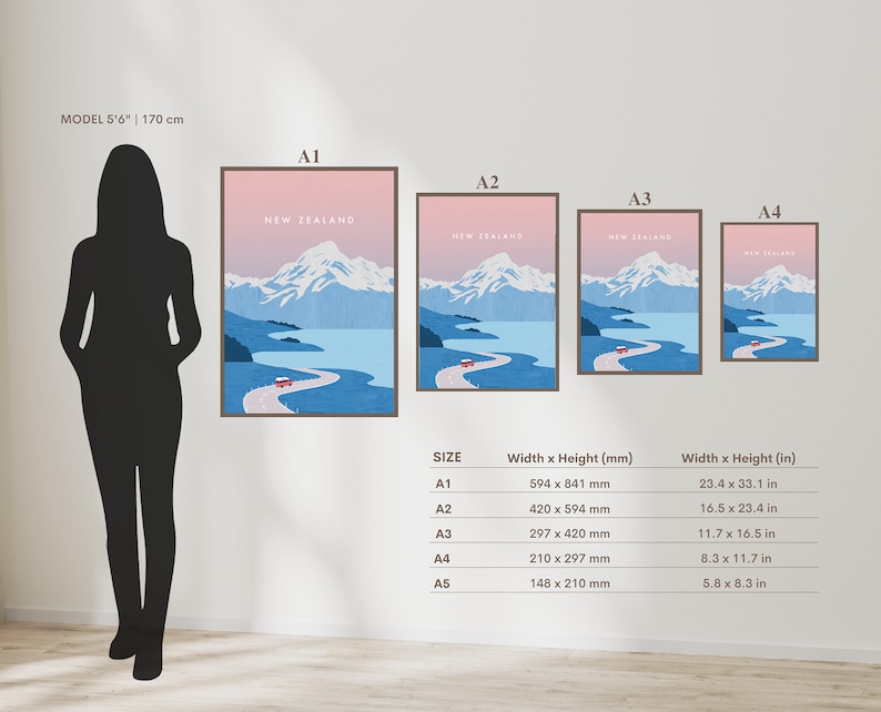 May include: A comparison of five different sizes of New Zealand travel posters. The posters feature a scenic landscape with a winding road, mountains, and a lake. The posters are labelled A1, A2, A3, A4, and A5. The sizes are listed in millimetres and inches.