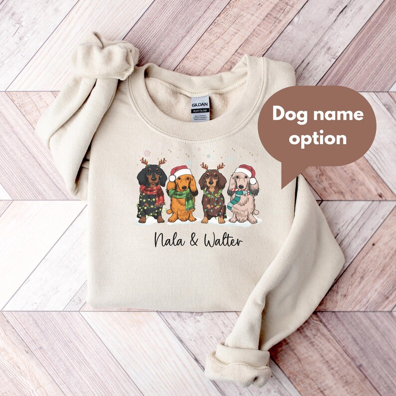 Op de afbeelding: Een beige sweatshirt met een kerstthema met vier teckels die kerstmanmutsen en rendiergewei dragen. De honden zijn omringd door sneeuwvlokken en lichtjes. De tekst "Nala & Walter" staat onder de honden.