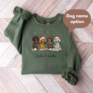 Op de afbeelding: Groen kersttrui met vier teckels die kerstmanmutsen en kerstverlichting dragen. De honden dragen sjaals en de tekst "Nala & Walter" is eronder gedrukt.