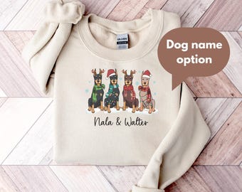 Custom dog name, Christmas Dobberman Dog Breed Unisex Sweatshirt, Gildan Sweater, Holiday Jumper, Xmas Apparel, Festive Crewneck