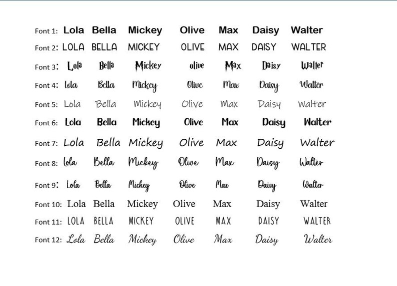 Op de afbeelding: Een grafiek met 12 verschillende lettertypen voor de namen Lola, Bella, Mickey, Olive, Max, Daisy en Walter. De lettertypen vari&euml;ren van informele schrijfletters tot meer formele blokletters.