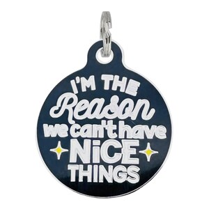 Op de afbeelding: Een marineblauwe hondenpenning met een zilverkleurige lus. De penning heeft witte tekst: "I'M THE Reason we can't have NICE THINGS" met gele steraccenten. De penning is rond met een zwarte rand.