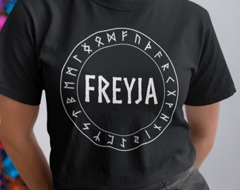 Freyja Norse Goddess with Futhark Runes T-shirt