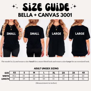 以下が含まれることがあります： Bella + Canvas 3001 ユニセックスTシャツのサイズチャート。チャートは、XS、S、M、L、XL、2X、3X、4Xのサイズにおける幅と長さのインチ単位の寸法を示しています。