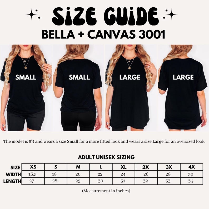 以下が含まれることがあります： Bella + Canvas 3001 ユニセックスTシャツのサイズチャート。チャートは、XS、S、M、L、XL、2X、3X、4Xのサイズにおける幅と長さのインチ単位の寸法を示しています。
