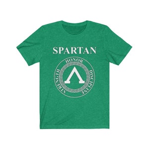 May include: Green t-shirt with a white Spartan logo. The logo features a shield with the words "Honor, Strength, Discipline" around it.