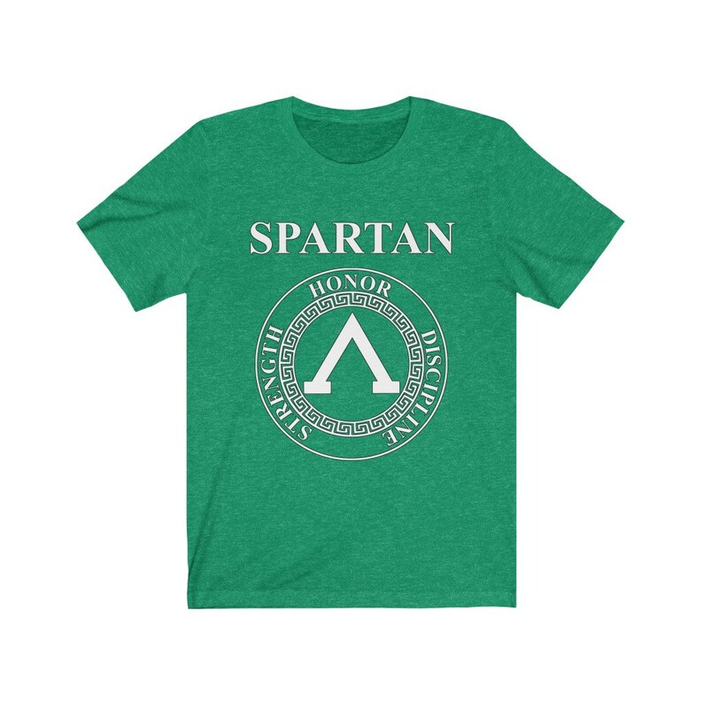 May include: Green t-shirt with a white Spartan logo. The logo features a shield with the words "Honor, Strength, Discipline" around it.