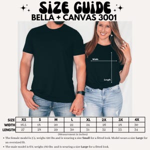 May include: Size chart for Bella + Canvas 3001 t-shirts, showing width and length measurements in inches for sizes XS to 4X.
