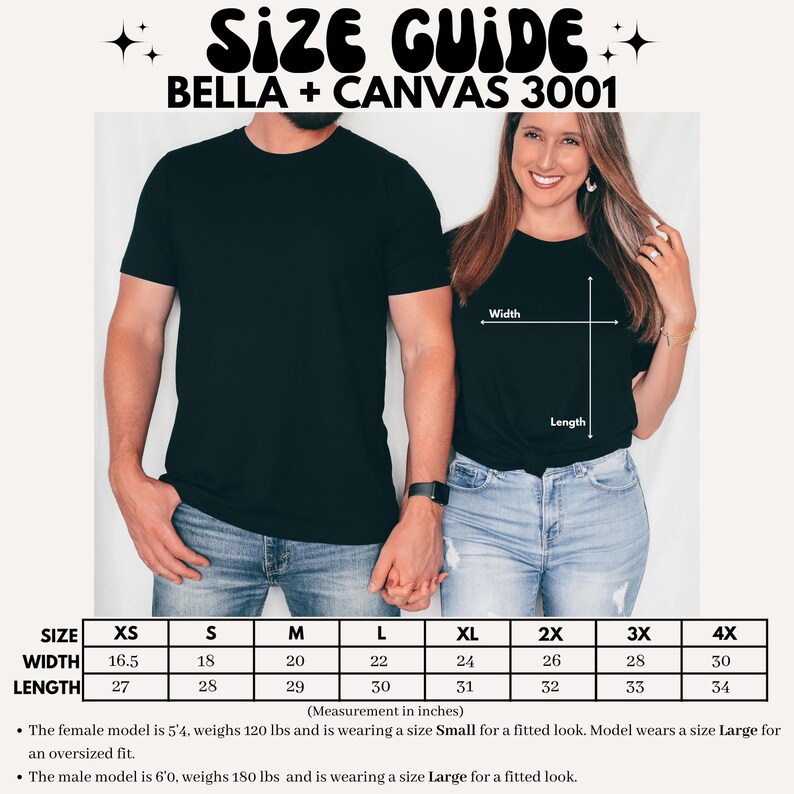 May include: Size chart for Bella + Canvas 3001 t-shirts, showing width and length measurements in inches for sizes XS to 4X.