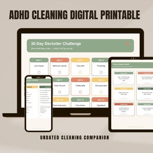 Peut inclure: Un compagnon de nettoyage numérique imprimable ADHD affiché sur un ordinateur portable, une tablette et un smartphone. Les écrans présentent un défi de désencombrement de 30 jours, une liste de contrôle et des cartes de sprint avec des codes couleur.