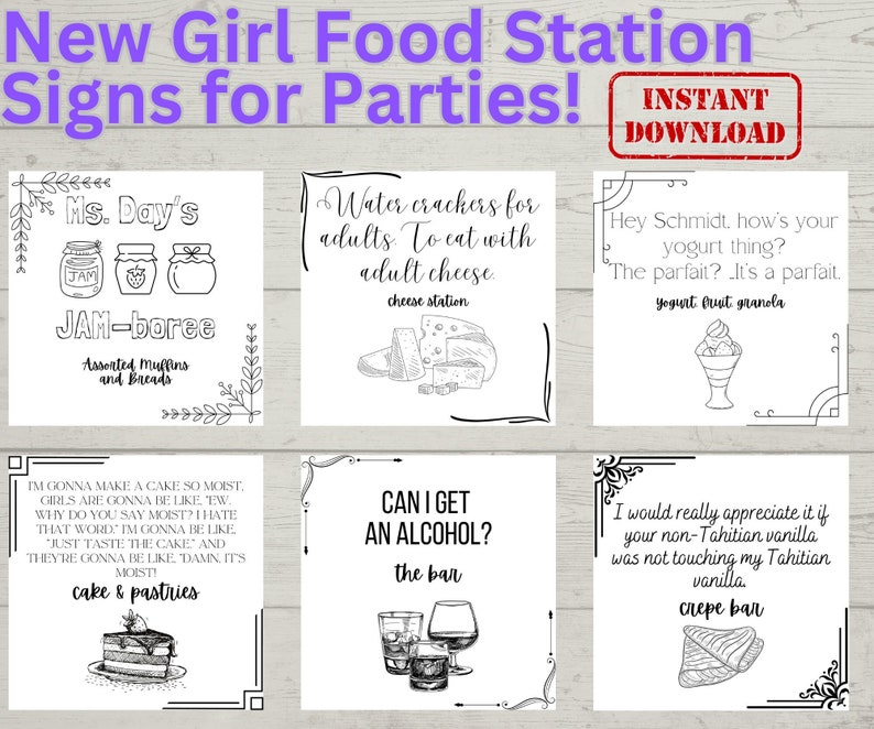 10 New Girl Food Station Signs, Schmidt 29 Birthday Decor, Nick Miller
