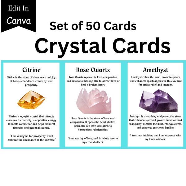 Set of 50 Instant Download Crystal Cards, Crystal Cards, Printable, CANVA Editable, Crystal card Deck, Spiritual Cards, Gemstone card deck