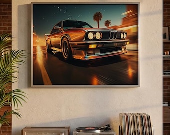 BMW E30 tuneado corriendo por las noches de neón de la ciudad, póster retro synthwave para pared, regalo para amantes de los coches, descarga digital instantánea imprimible.