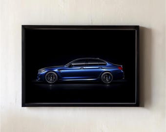 BMW M5 F90 Poster, Blaue Sportlimousine Print, Digital Download, Luxusauto Wandkunst, druckbares Dekor für Autoliebhaber