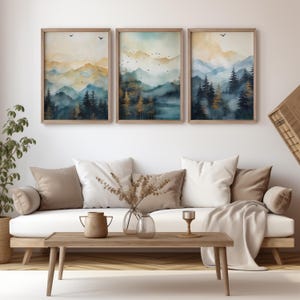 Dreamy Mountain Wall Art Set – 3 Digital Landscape Posters with Blue and Gold Tones, Printable Nature Decor for Moody and Cozy Spaces