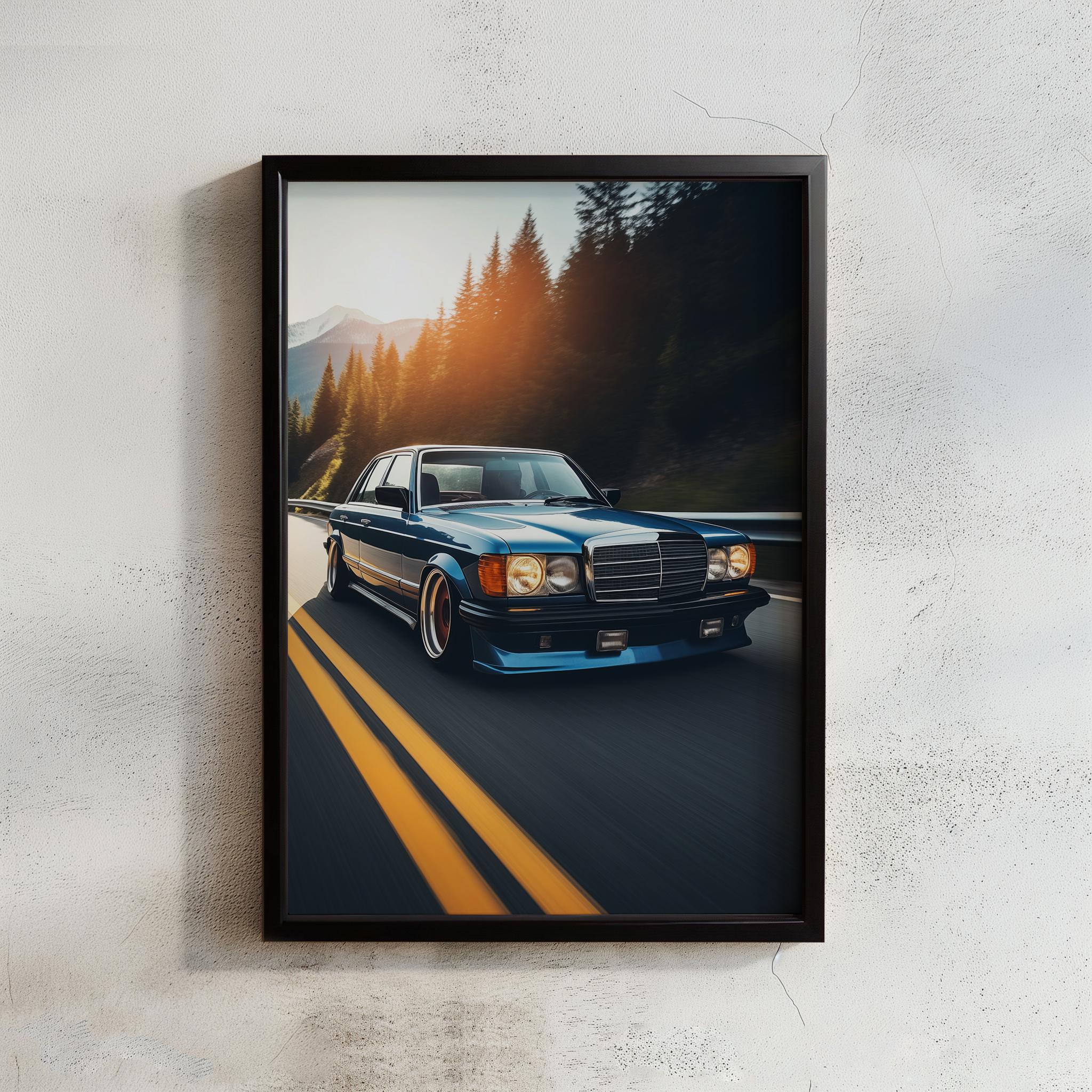 Classic Blue Mercedes W123 Racing a Mountain Highway at Sunset