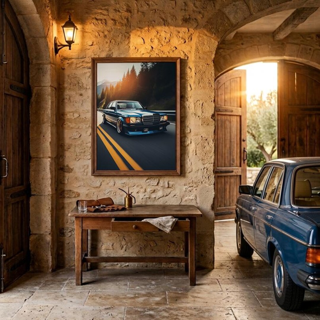 Classic Blue Mercedes W123 Racing a Mountain Highway at Sunset