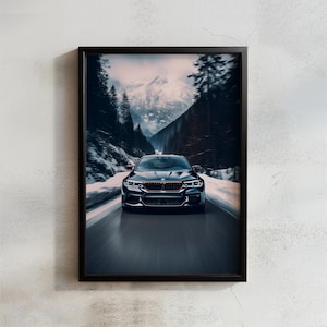 Car poster BMW M5 F90 on a winter road Luxury Digital print Artwork Fast car Poster Printable Wall Art Gift for car lover Wall hanging Decor