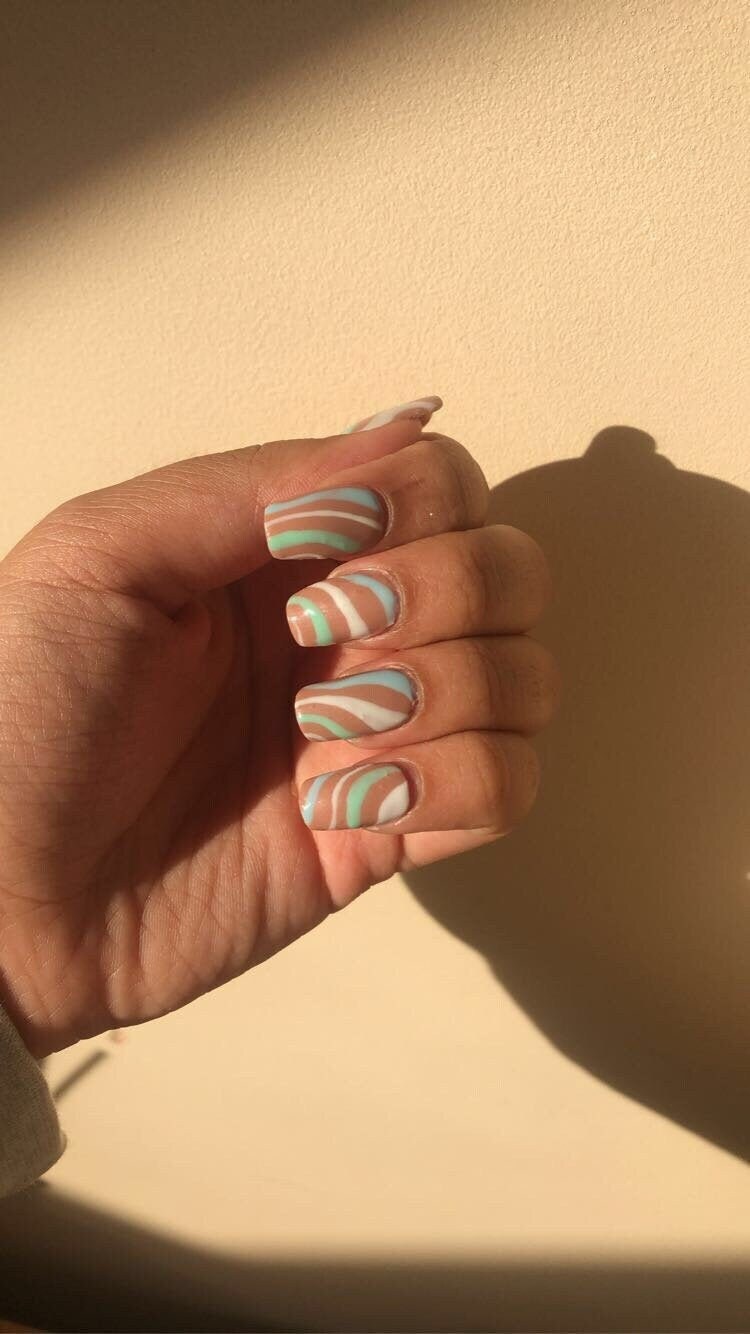 Almond shaped press on nails with green blue and white swirly | Etsy