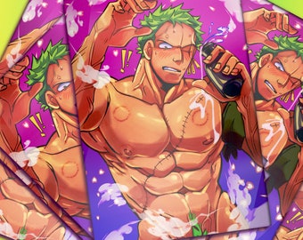 May include: A muscular, green-haired character with a stitched scar on their chest, holding a bottle of liquid and making a surprised expression. The background is purple with white hearts and clouds.