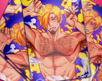 May include: Art print featuring a muscular, shirtless character with blonde hair and a goatee. The character is depicted in a dynamic pose, with a cigarette in one hand. The background has a colorful, stylized design.