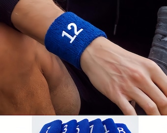 Embroidered Number Wristband: Blue Cotton Sports Sweatband