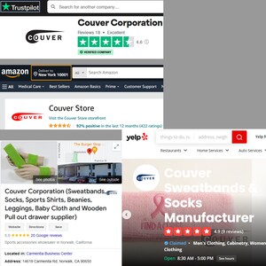 May include: A pink and green sweatband with the text "Couver" in white. The sweatband is on a pink background with the text "Couver Sweatbands & Socks Manufacturer" in white. The text "Find a Store" is also visible in the image. The image includes a 5-star rating with the text "4.9 (9 reviews)".