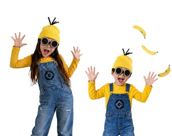 Kids Yellow Costume Set – Golden Yellow Long Sleeve Shirt, Goggles & Yellow Beanie – Funny Group Halloween Outfit