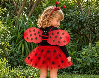 Girls Ladybug Costume Set, 4 Piece Halloween Theme Party Outfit with Wings, Tutu, Headband & Black Shirt, Kids Dress Up