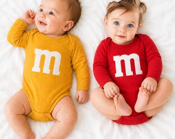 Halloween Candy M&M Bodysuit, Cute Letter M Baby Costume, Colorful Theme Party Outfit, Matching Family Candy Shirt, Plain or Printed Onesie