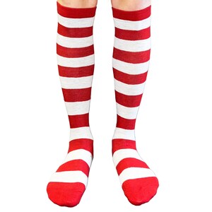 May include: A pair of red and white striped knee-high socks.