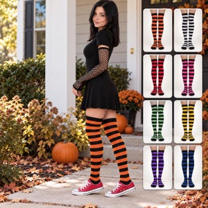 May include: Over-the-knee socks featuring horizontal stripes in various color combinations including orange and black, black and white, red and black, pink and black, green and black, yellow and black, purple and black, and blue and black.