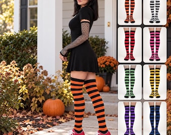 Over the Knee Striped Socks for Women, Orange and Black Halloween Thigh High Socks, Witch Costume Stockings (12 Colors)