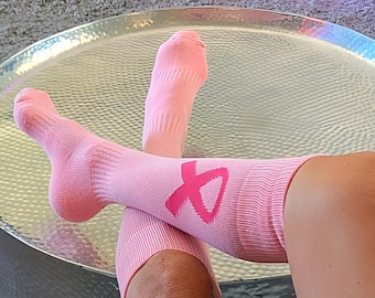 Pink Breast Cancer Awareness Knee High Socks: Cushioned Athletic Sports Socks
