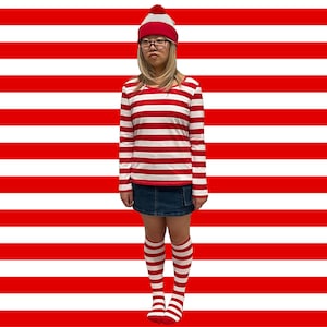 Red White Striped Shirt: Halloween Costume Cosplay (Optional Socks & Beanie)